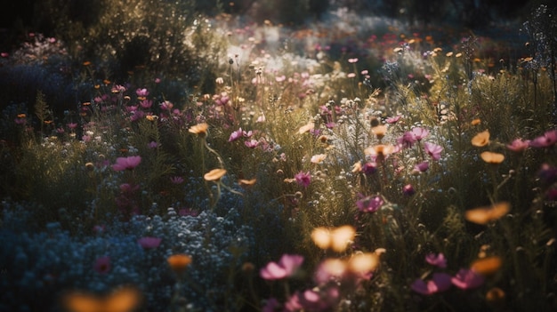 Un champ de fleurs avec un champ de fleurs en arrière-plan