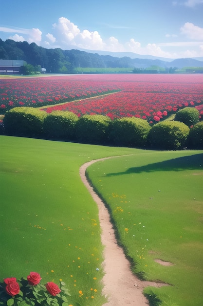 Un champ de fleurs avec un chemin qui y mène