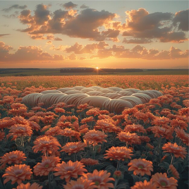 un champ de fleurs avec un ciel en arrière-plan