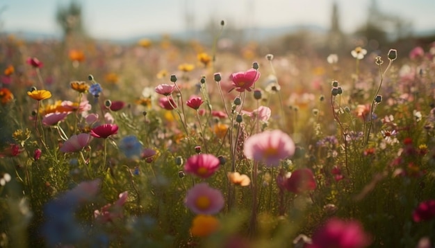 Un champ de fleurs avec un ciel bleu en arrière-plan