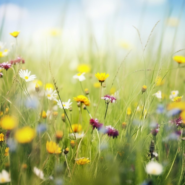 Un champ de fleurs avec un ciel bleu en arrière-plan.