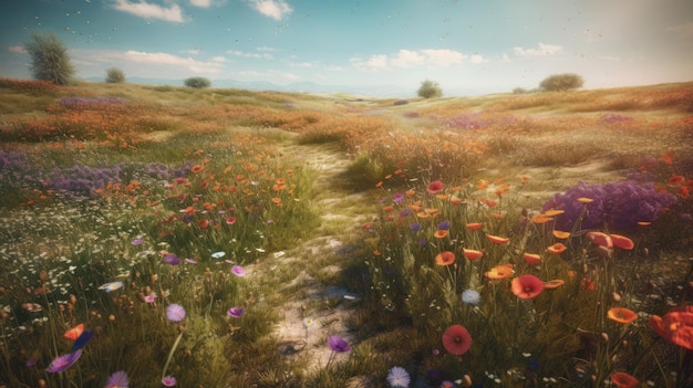 Un champ de fleurs avec un ciel bleu en arrière-plan.