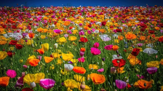 Un champ de fleurs avec un ciel bleu en arrière-plan