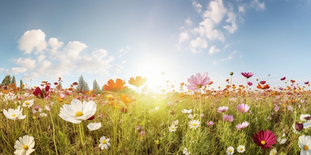 Un champ de fleurs avec un ciel bleu en arrière-plan