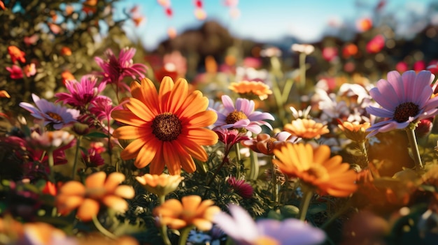 Un champ de fleurs avec un ciel bleu en arrière-plan