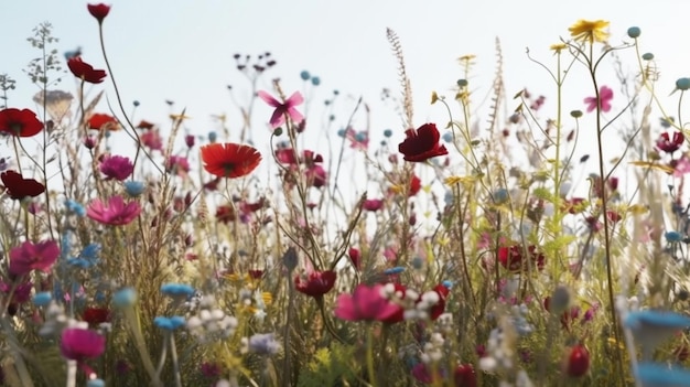 Un champ de fleurs avec un ciel bleu en arrière-plan