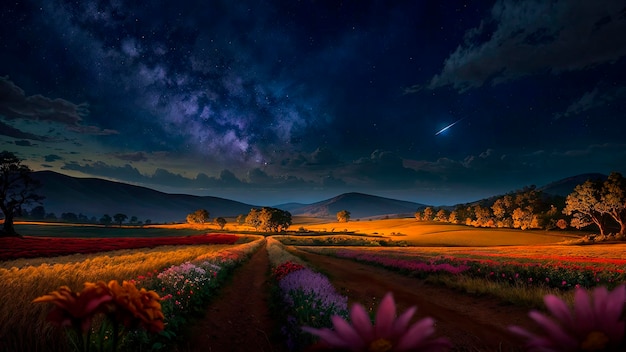 Un champ de fleurs avec un ciel étoilé au-dessus