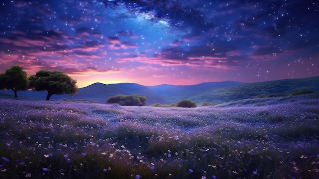 Un champ de fleurs avec un ciel violet et un arbre au premier plan
