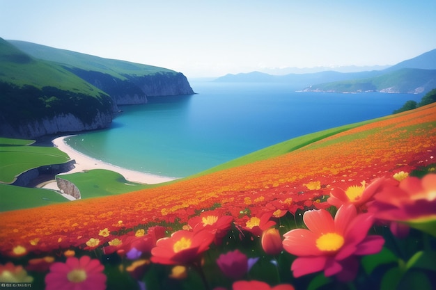 Un champ de fleurs sur une colline avec une plage en arrière-plan