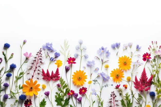 un champ de fleurs coloré avec un fond blanc.