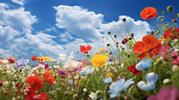 Un champ de fleurs colorées avec un ciel bleu