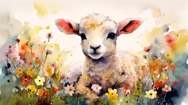 Champ de fleurs colorées avec un mignon agneau Peinture à l'aquarelle pour des estampes d'art et des cartes de vœux