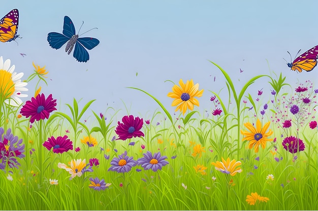 Un champ de fleurs colorées avec un papillon volant au-dessus.