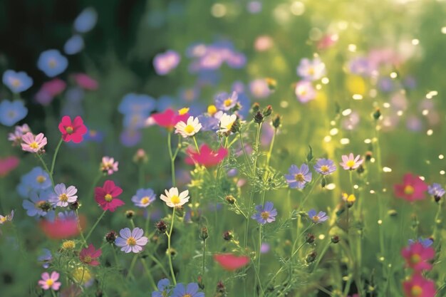 Champ de fleurs de cosmos en fleurs colorées au printemps le matin Créé avec la technologie Generative AI