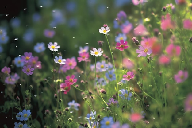 Champ de fleurs de cosmos en fleurs colorées au printemps le matin Créé avec la technologie Generative AI