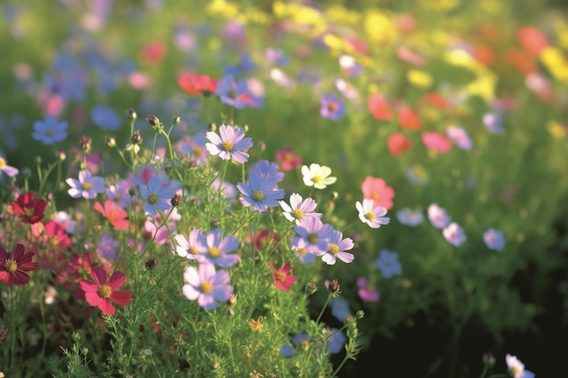 Champ de fleurs de cosmos en fleurs colorées au printemps le matin Créé avec la technologie Generative AI