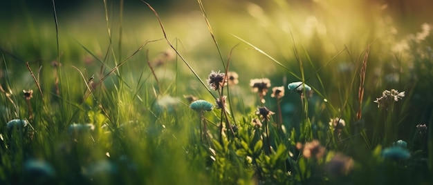 Un champ de fleurs avec un coucher de soleil en arrière-plan Generative AI