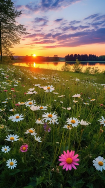 Un champ de fleurs avec un coucher de soleil en arrière-plan