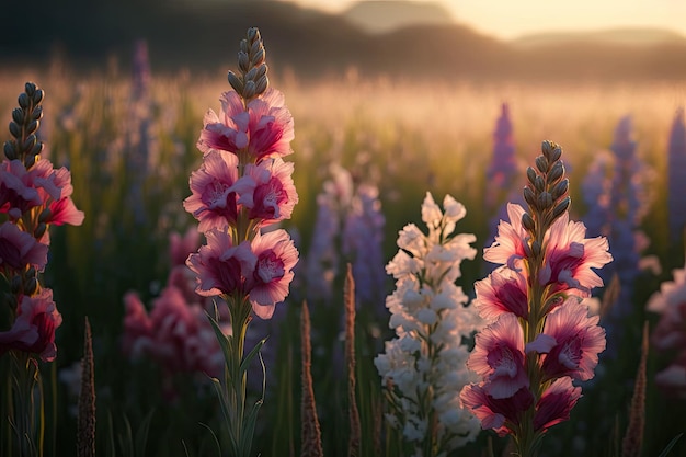 Un champ de fleurs avec un coucher de soleil en arrière-plan