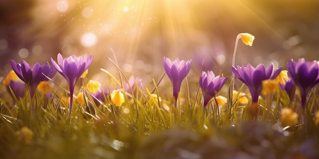 Un champ de fleurs de crocus avec le soleil qui brille à l'arrière-plan