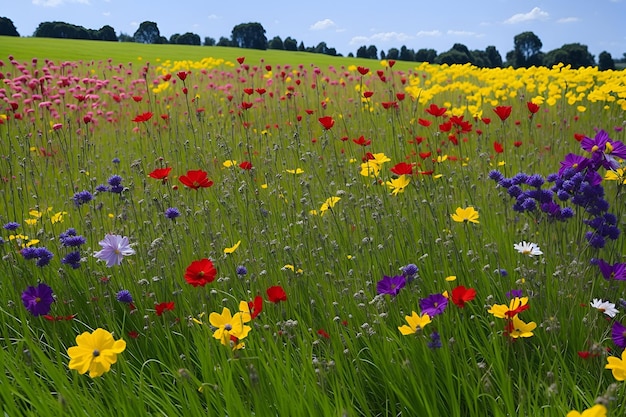 Un champ de fleurs dans un champ avec un ciel bleu en arrière-plan.