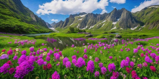 Un champ de fleurs dans les montagnes avec un lac au premier plan