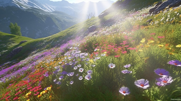 Un champ de fleurs dans les montagnes