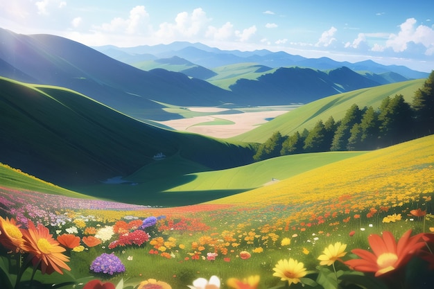 Un champ de fleurs dans les montagnes
