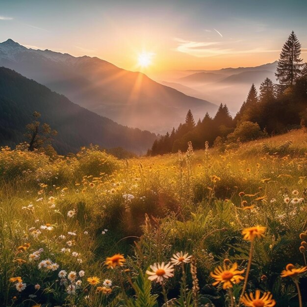 Un champ de fleurs devant une chaîne de montagnes