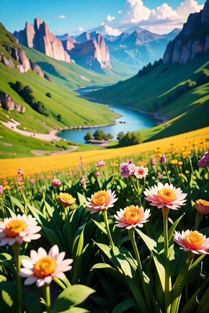 Un champ de fleurs devant un lac