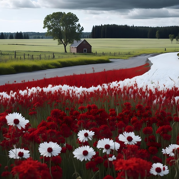 Un champ de fleurs devant une maison