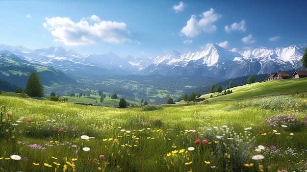 Un champ de fleurs devant une montagne