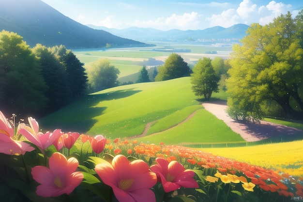 Un champ de fleurs devant une montagne