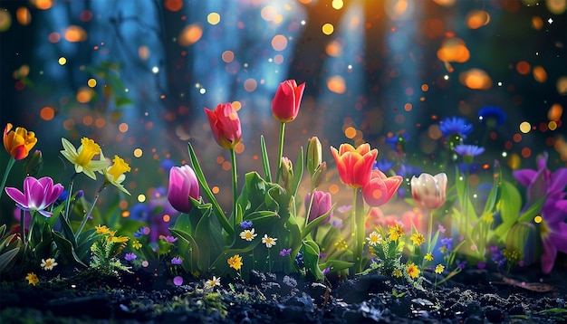 Champ de fleurs du cosmos la nuit avec des lumières bokeh étincelantes matin été ou printemps magnifique