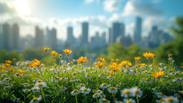 Le champ de fleurs ensoleillées avec l'horizon de la ville en arrière-plan