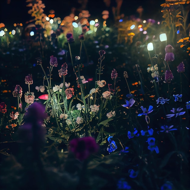 Champ de fleurs épanouies dans un jardin enchanté avec guirlandes lumineuses