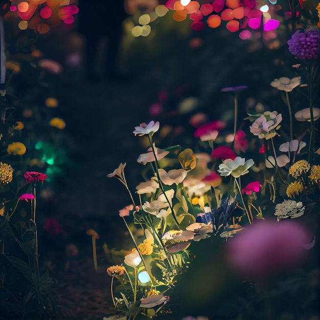 Champ de fleurs épanouies dans un jardin enchanté avec guirlandes lumineuses