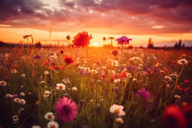 Champ de fleurs d'été se bouchent avec un coucher de soleil romantique sauvage AI génératif