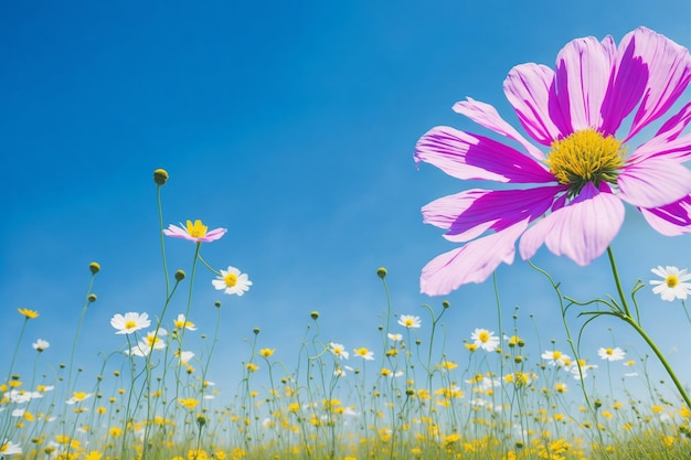 Un champ de fleurs avec une fleur violette au premier plan