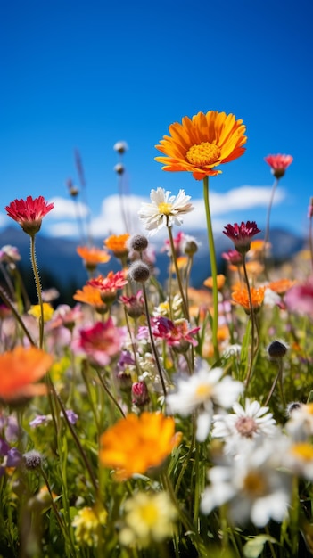 Champ de fleurs avec des fleurs blanches orange et roses