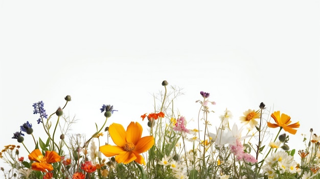 Un champ de fleurs avec un fond blanc