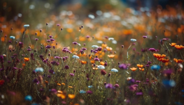 Un champ de fleurs sur fond bleu