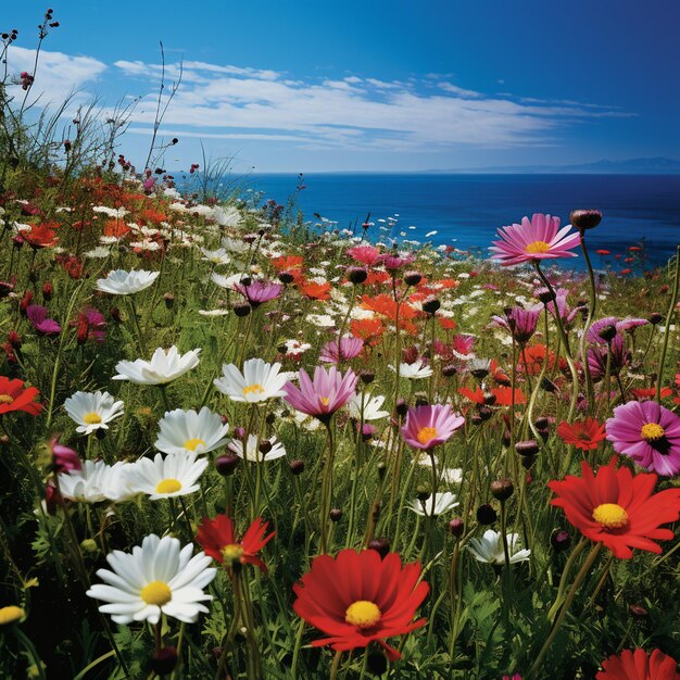 Photo un champ de fleurs avec un fond de ciel et un oiseau au milieu