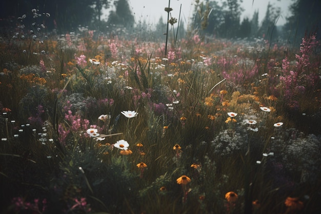 Un champ de fleurs avec un fond de ciel