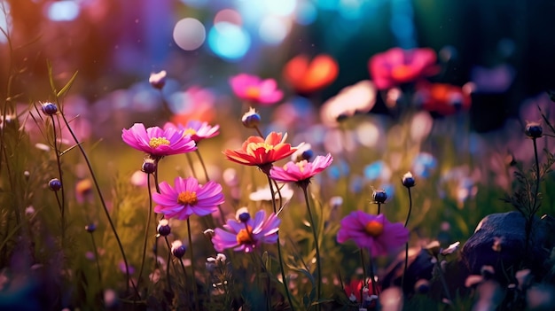 Un champ de fleurs avec un fond coloré