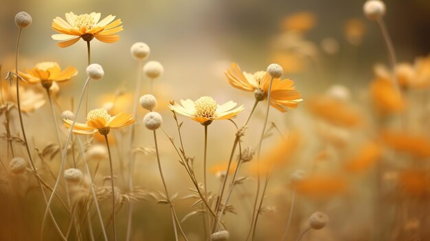 Un champ de fleurs avec un fond jaune