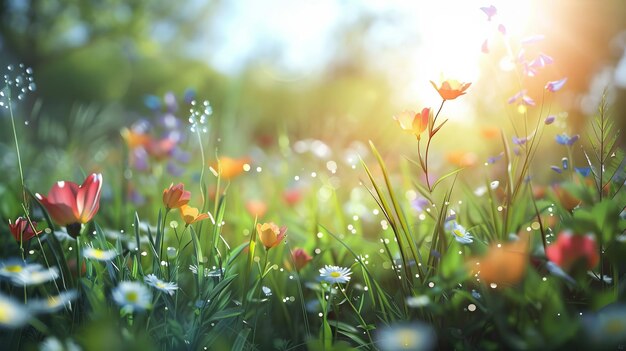 un champ de fleurs et d'herbe