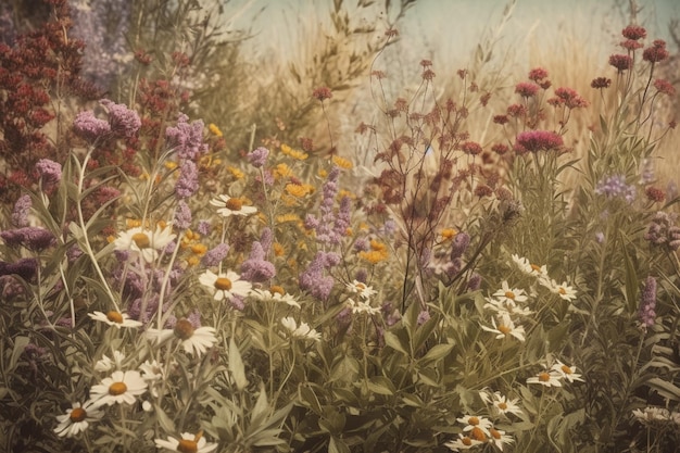 Un champ de fleurs avec une image colorée d'un champ de fleurs sauvages.