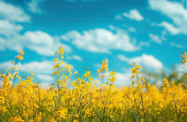 un champ de fleurs jaunes avec un ciel bleu en arrière-plan