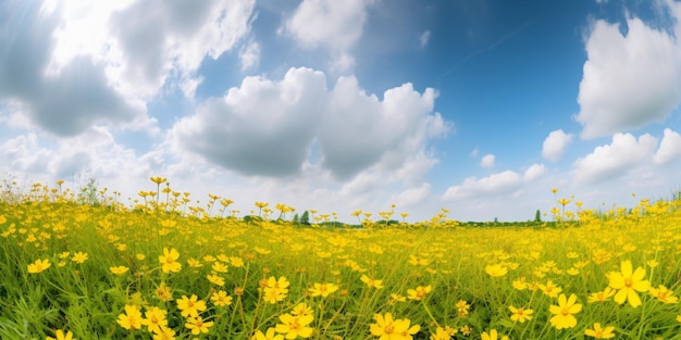 Un champ de fleurs jaunes avec un ciel bleu en arrière-plan
